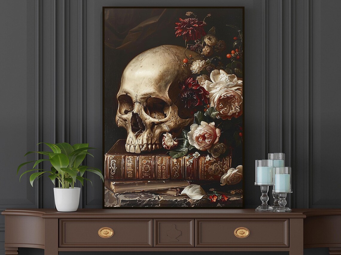 Vintage Skull Still Life with Roses on Antique Books Memento Mori Poster - Image 5