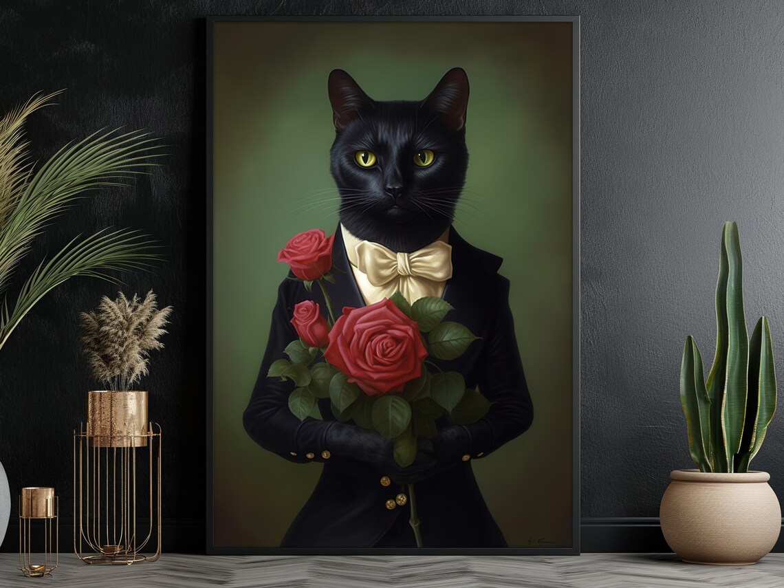 Black Cat Gentleman Tuxedo Portrait With Red Roses Bouquet Poster - Image 5
