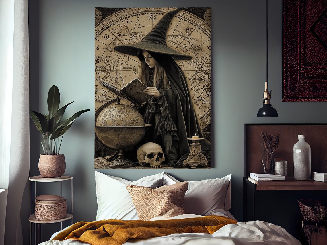 Vintage Witch Reading Spell Book With Skull Astrology Dark Art Poster - Image 2