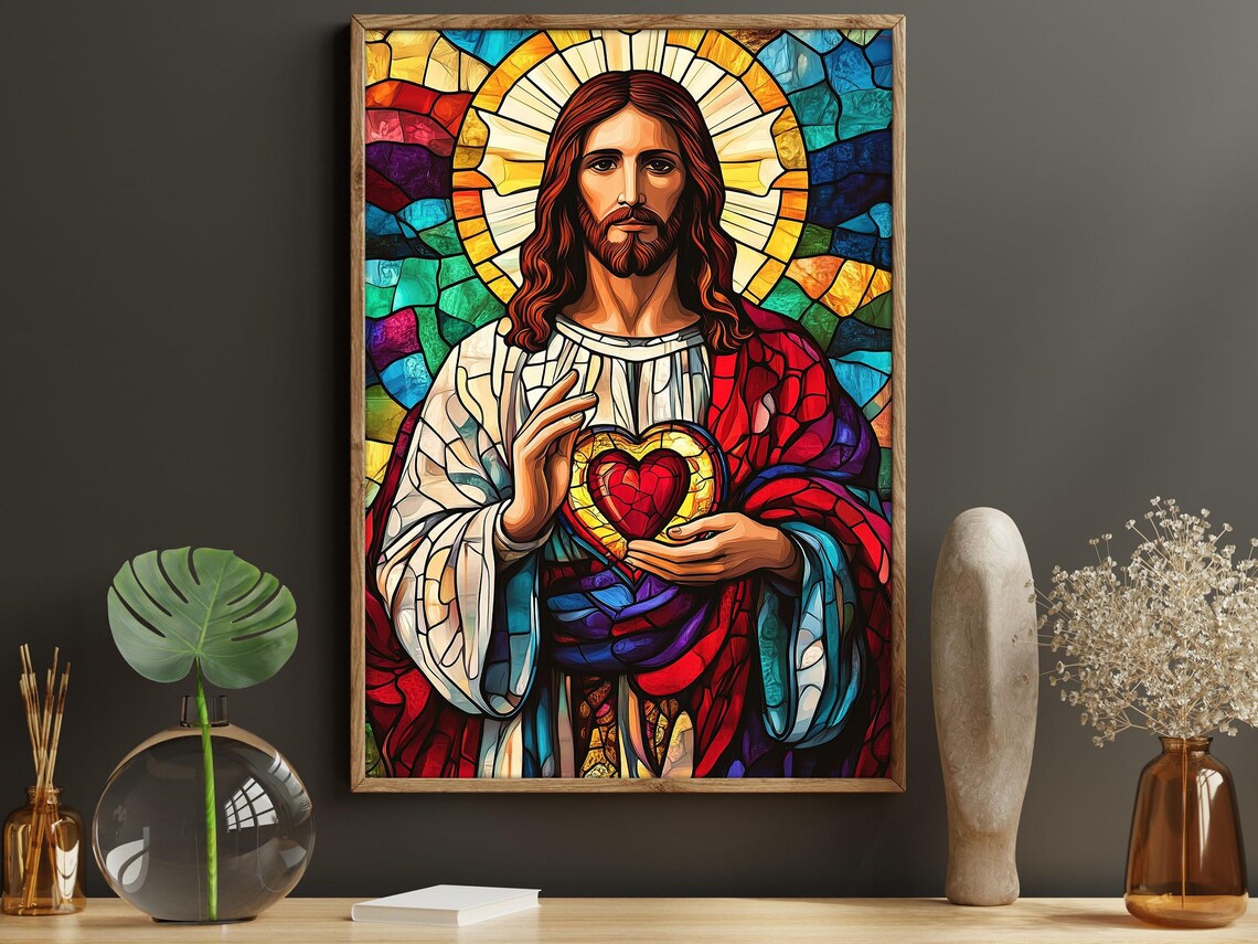 Jesus Christ Sacred Heart Stained Glass Style Portrait Religious Wall Art - Image 5