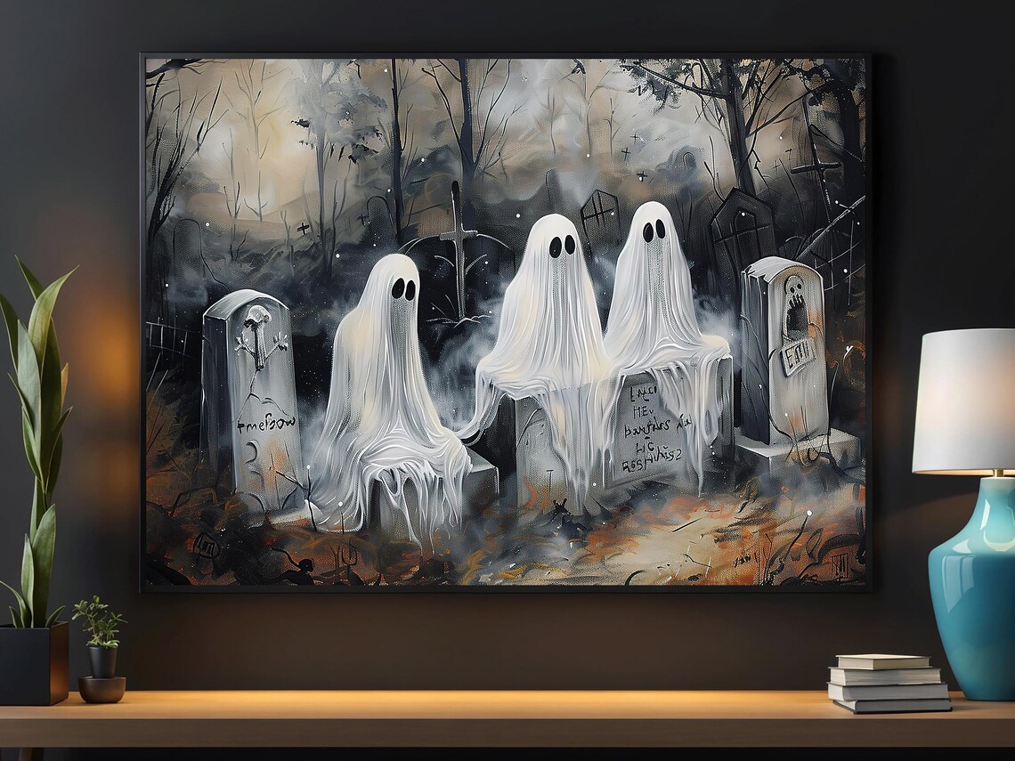 Dark Ghosts in Cemetery, Halloween Art Print