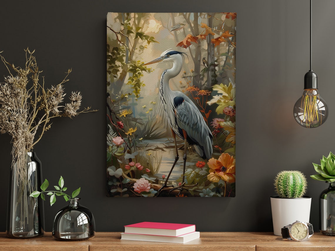 Grey Heron Standing By Forest Stream Autumn Blooms Wildlife Poster - Image 4