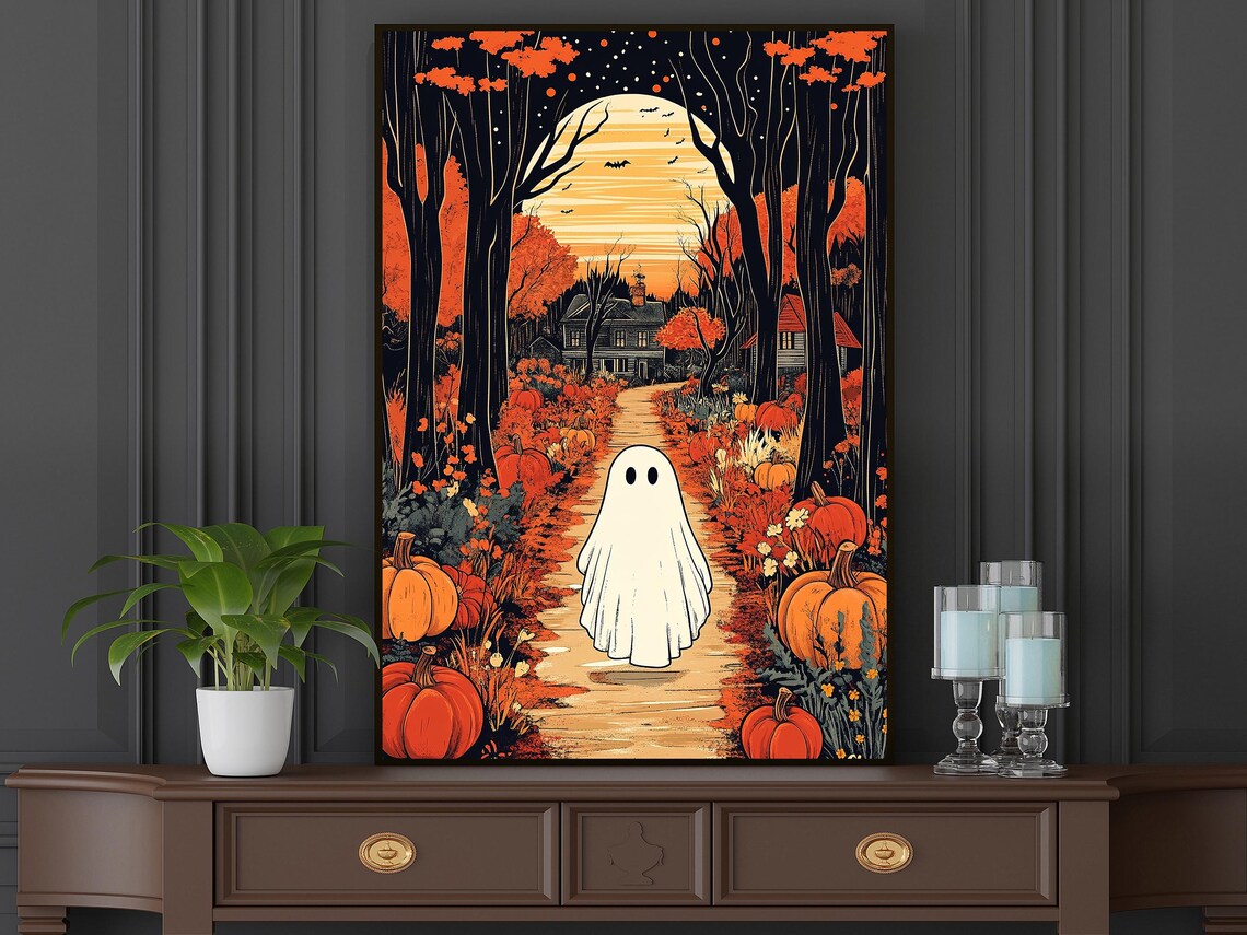 Cute Ghost Pumpkin Patch Autumn Forest Moon Vintage Halloween Illustration Poster - Image 5