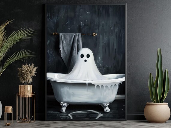 Surprised Ghost In White Bathtub Dark Funny Halloween Art Poster