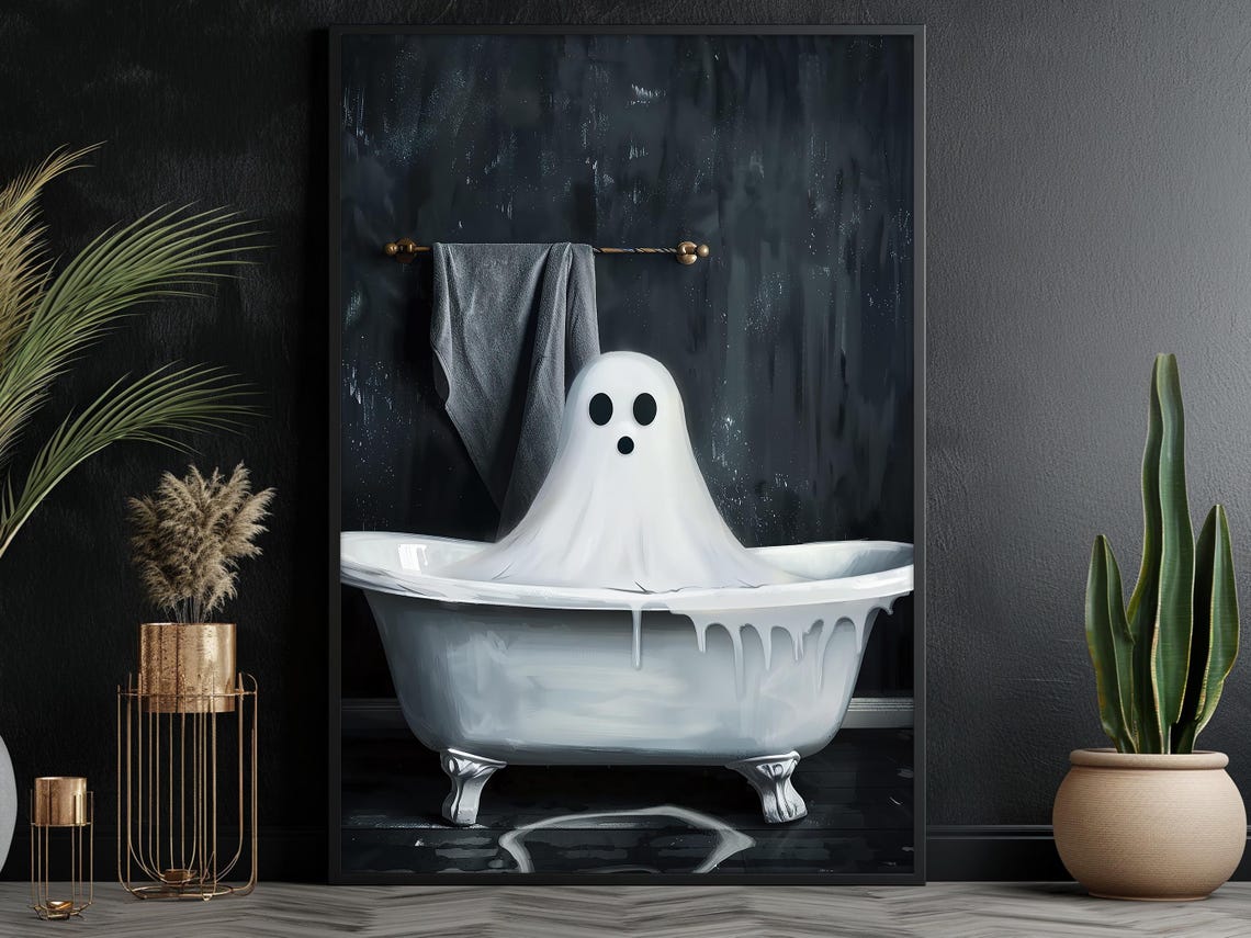 Surprised Ghost In White Bathtub Dark Funny Halloween Art Poster