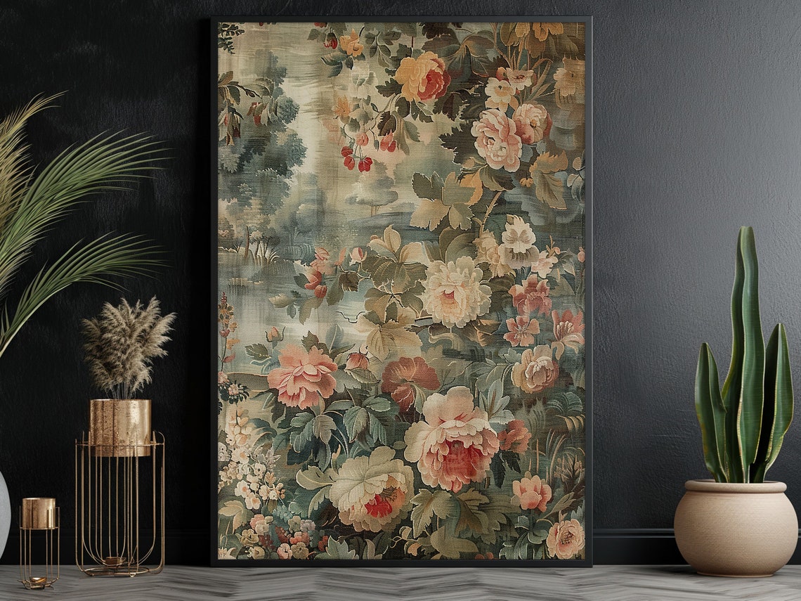 Vintage Floral Tapestry Peonies Roses Muted Sage Garden Wall Art Print - Image 4