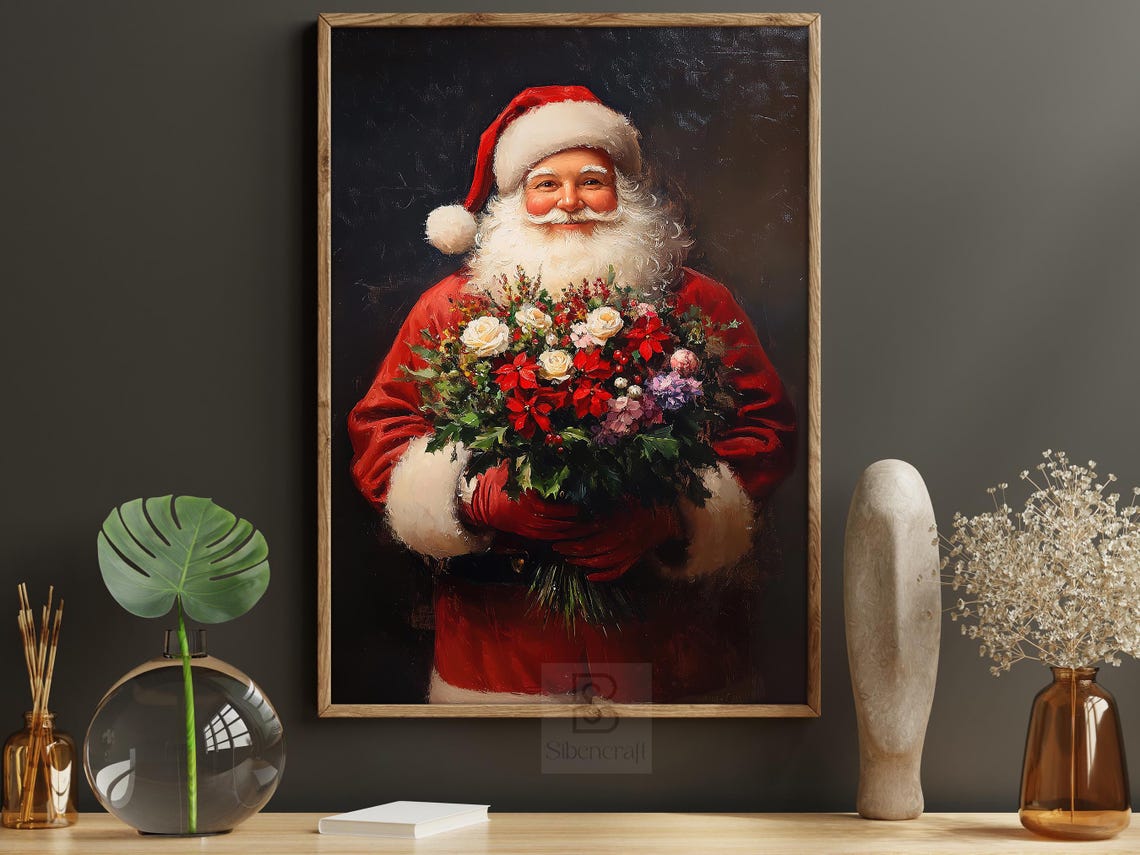 Vintage Santa Hold Flowers Painting Warm Santa Print Cottage Santa Claus Poster Print Christmas Wall Art Cozy Christmas Decor - Image 6