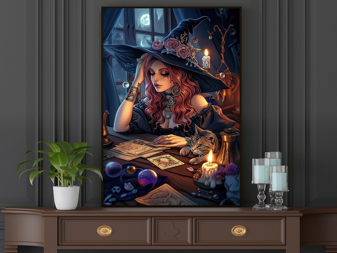 Witch And Cat Tarot Reading Candlelight Halloween Witchy Fantasy Poster - Image 5