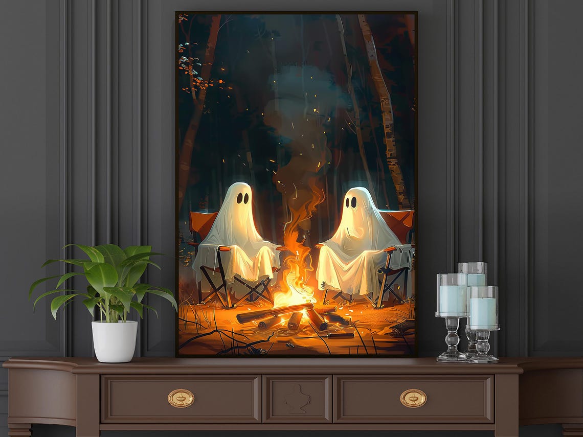Couple Ghosts Camping Around Campfire Cute Spooky Halloween Poster - Image 6