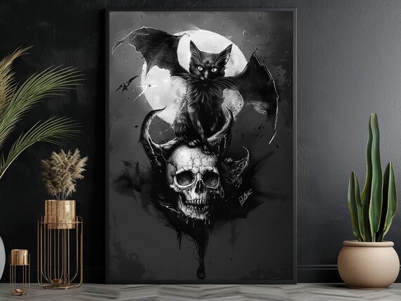 Gothic Black Cat with Bat Wings on Skull Under Full Moon Art Poster
