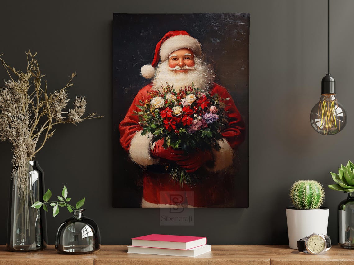 Vintage Santa Hold Flowers Painting Warm Santa Print Cottage Santa Claus Poster Print Christmas Wall Art Cozy Christmas Decor - Image 4