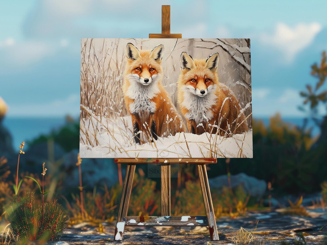Two Red Foxes Standing In Snowy Winter Grass Wildlife Pair Painting Wall Art - Image 2