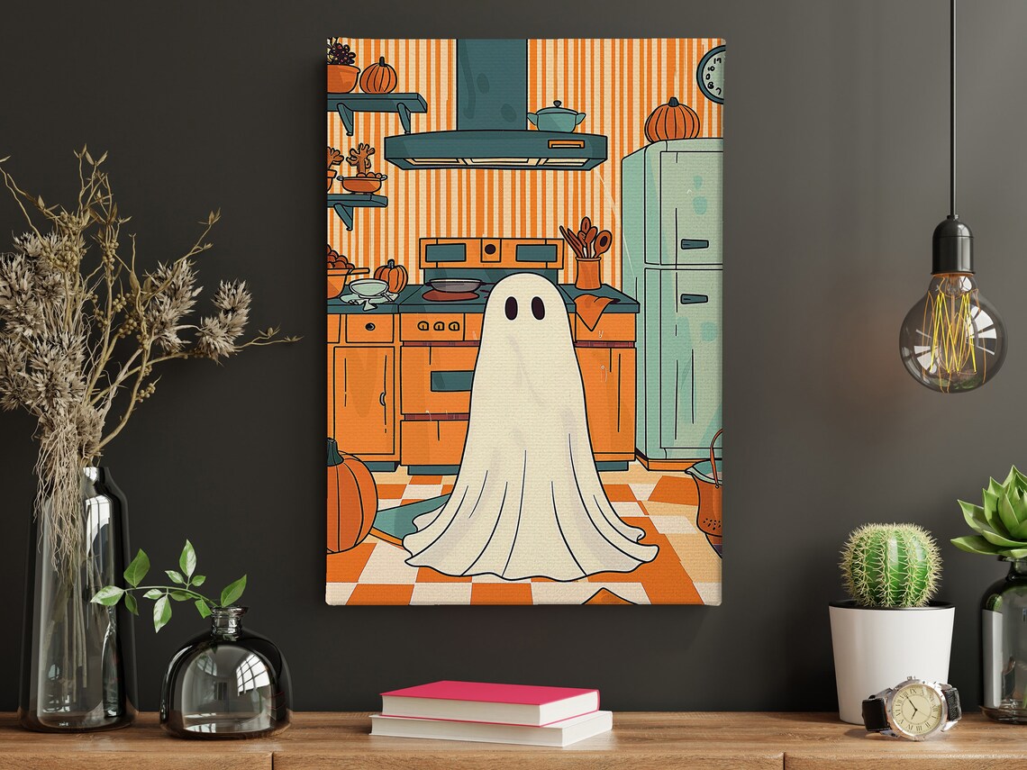 Cute Ghost In Retro Orange Kitchen Pumpkins Halloween Illustration Poster - Image 4
