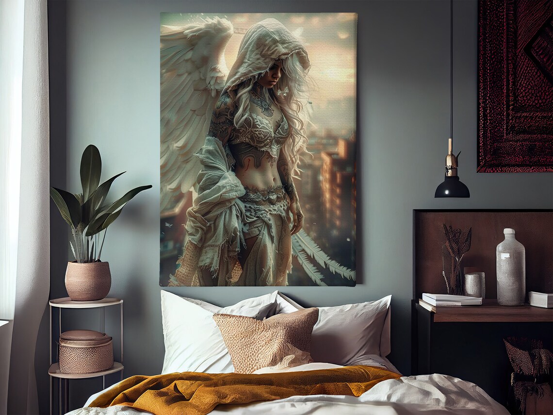 Dark Fallen Angel Tattooed Wings Gothic Fantasy City Sunset Art Poster - Image 3