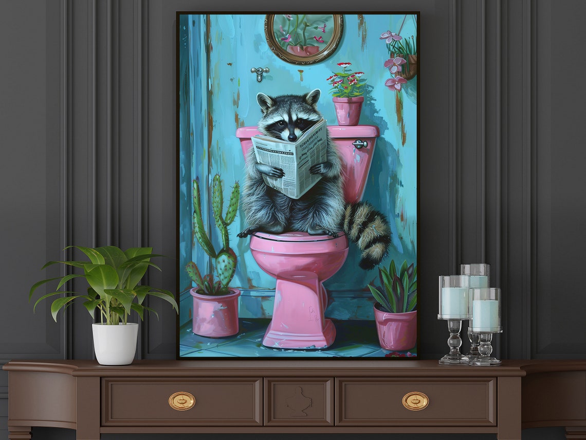 Funny Raccoon Reading Newspaper On Pink Toilet Bathroom Wall Poster - Image 4