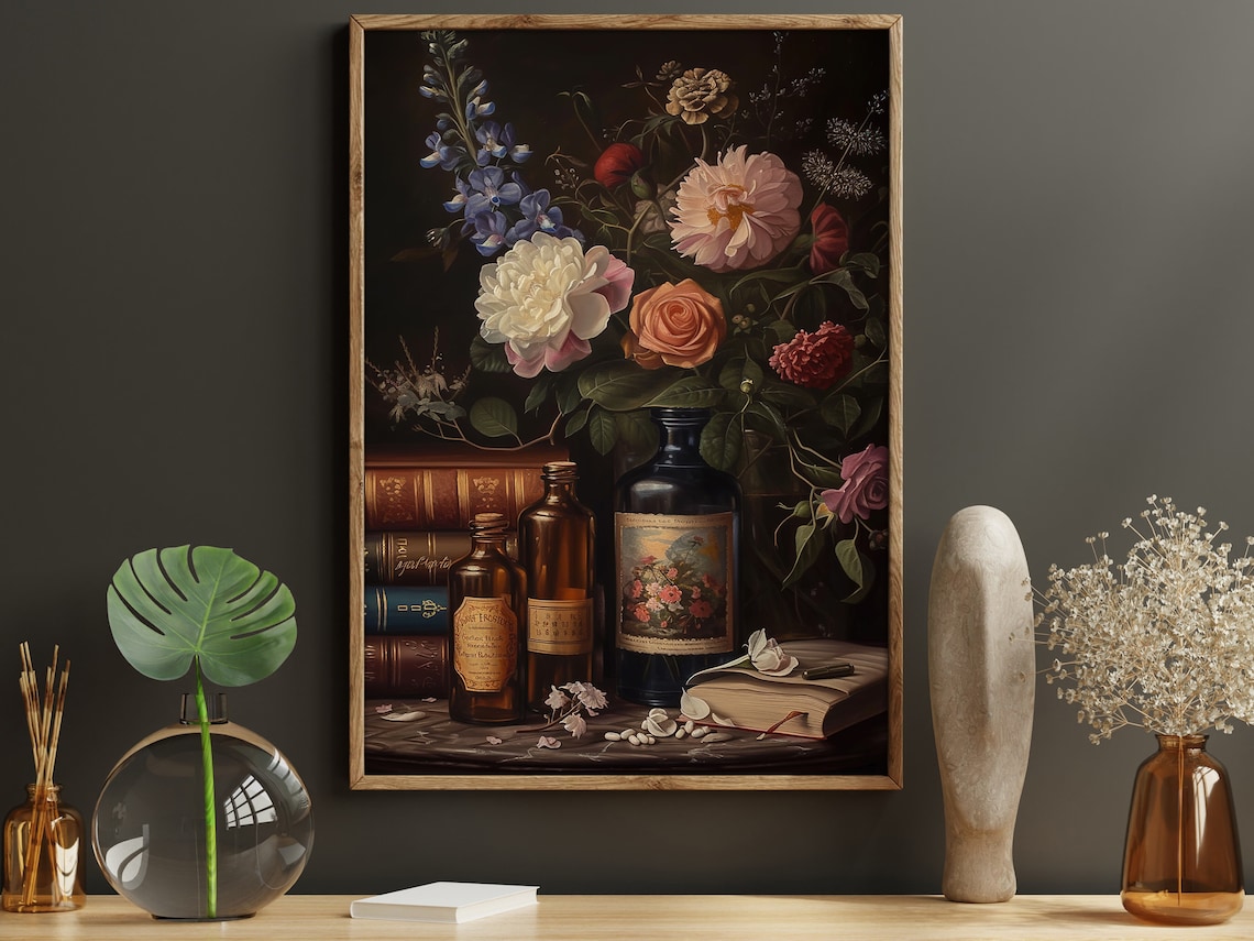 Dark Surreal Magic Book and Flowers, Dark Academia Art Print