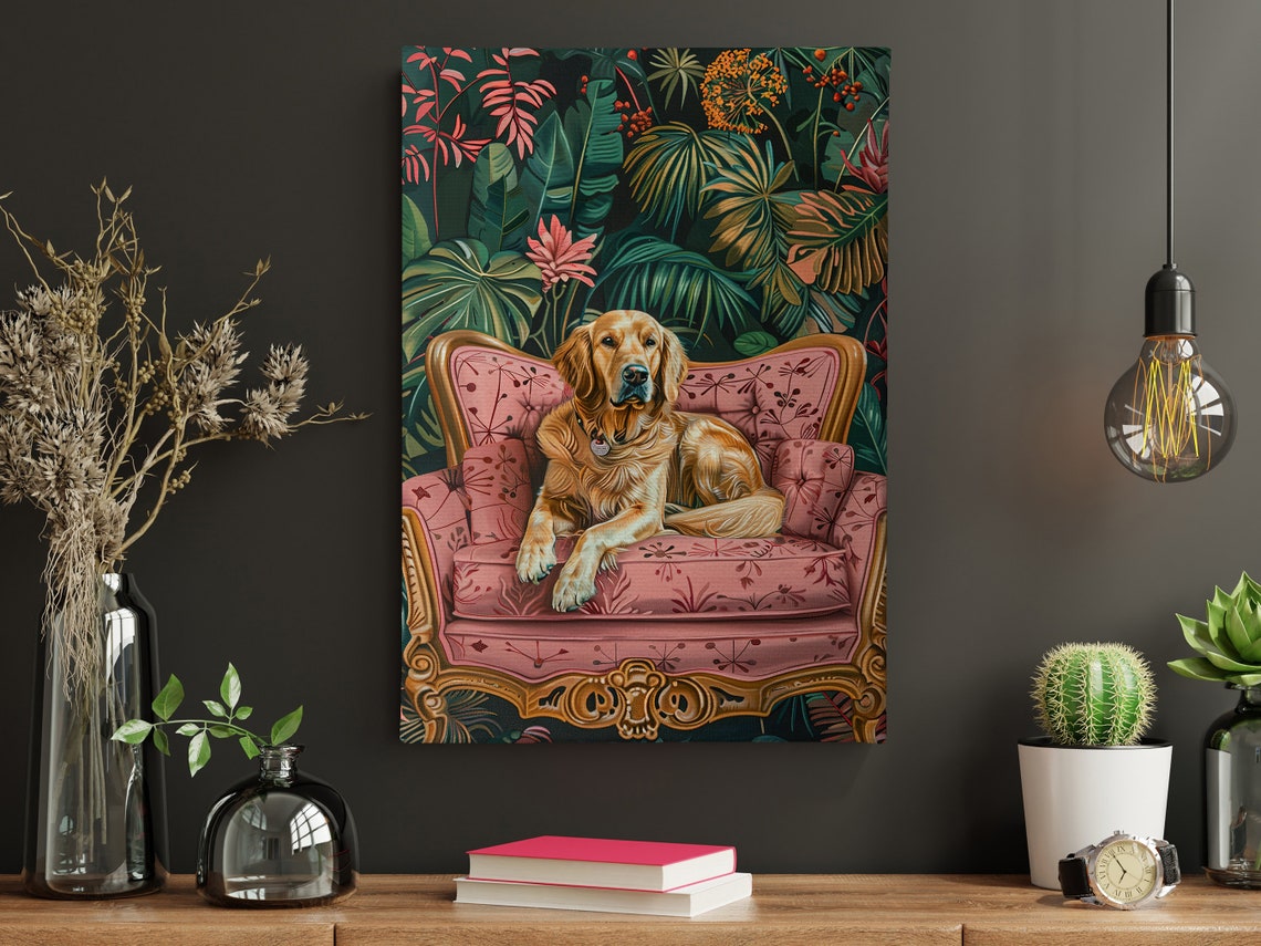 Golden Retriever Pink Velvet Sofa Tropical Jungle Dog Art Poster - Image 5