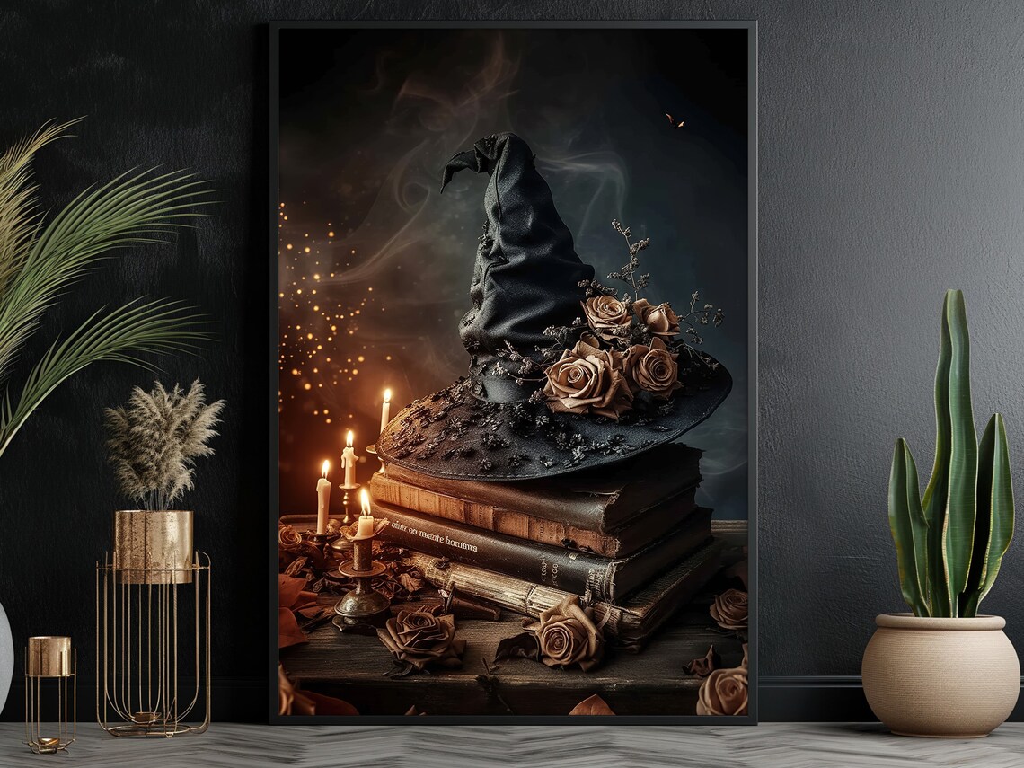 Surreal Witch Hat and Magical Books Art Print, Halloween - Image 3