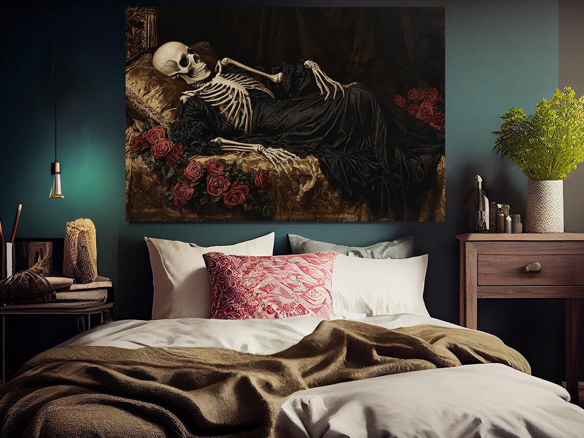 Victorian Skeleton Reclining On Sofa Red Roses Dark Gothic Oil Painting Poster - Image 5