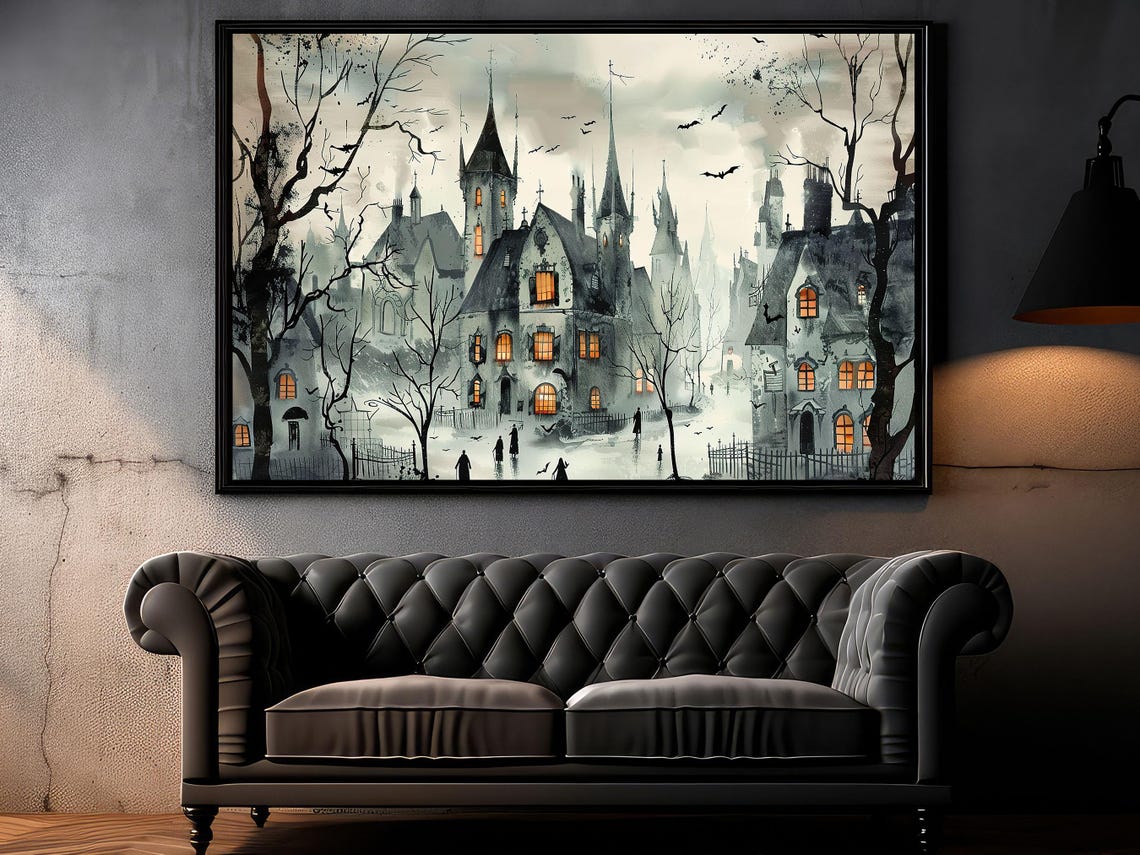 Spooky Haunted Old Town Street Watercolor with Glowing Windows Poster - Image 6