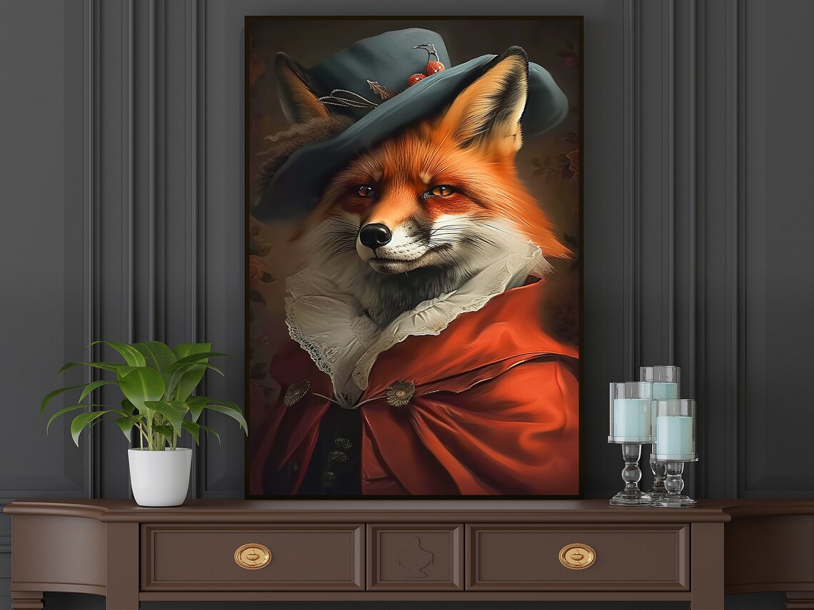 Fox Gentleman In Red Coat Hat With Cherries Vintage Portrait Wall Poster - Image 4