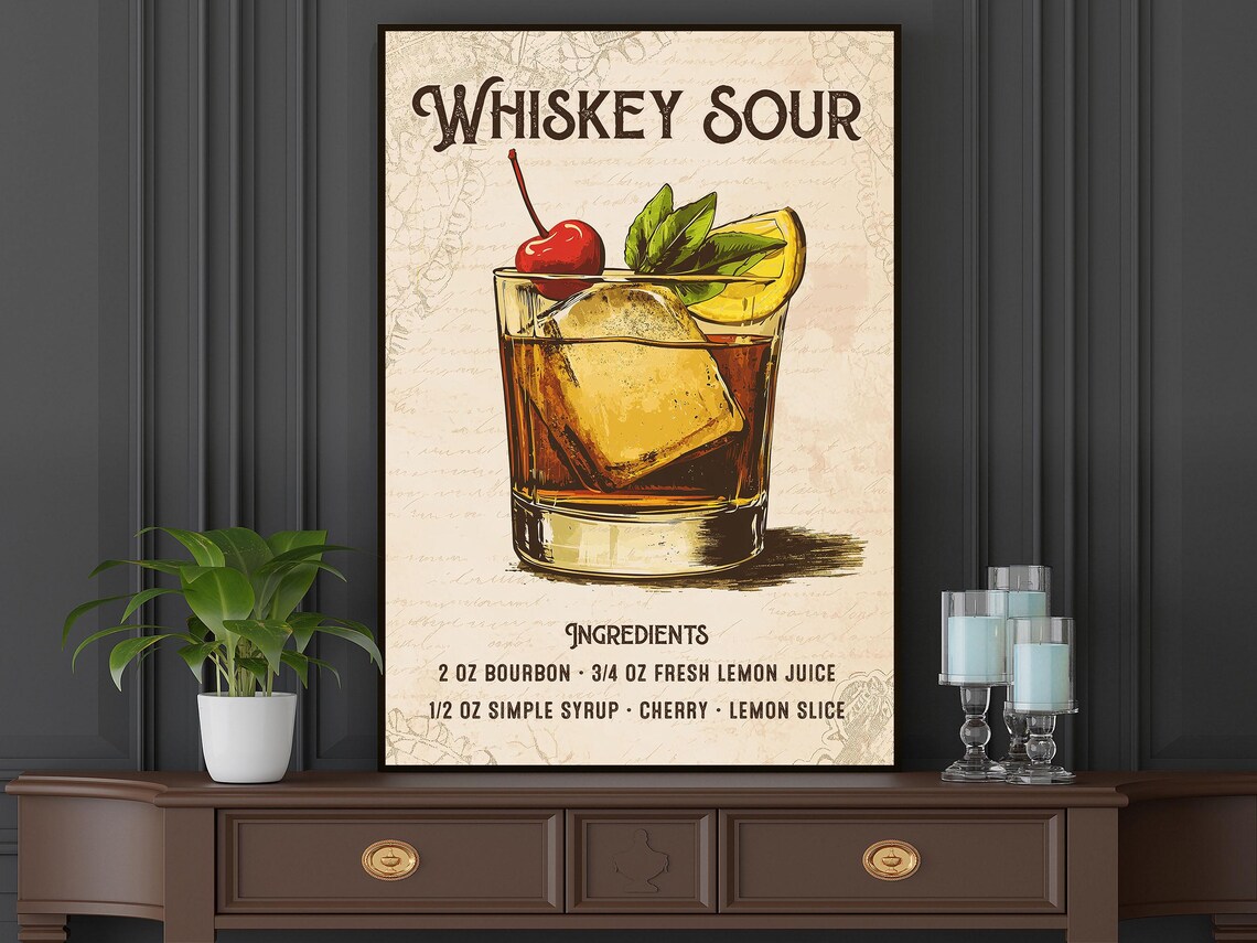 Vintage Whiskey Sour Cocktail Recipe Wall Art Bourbon Cherry Orange Poster - Image 4