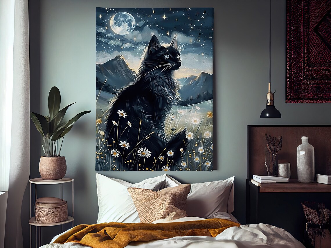 Black Cat Full Moon Night Meadow Daisies Stars Dreamy Animal Art Wall Poster - Image 2