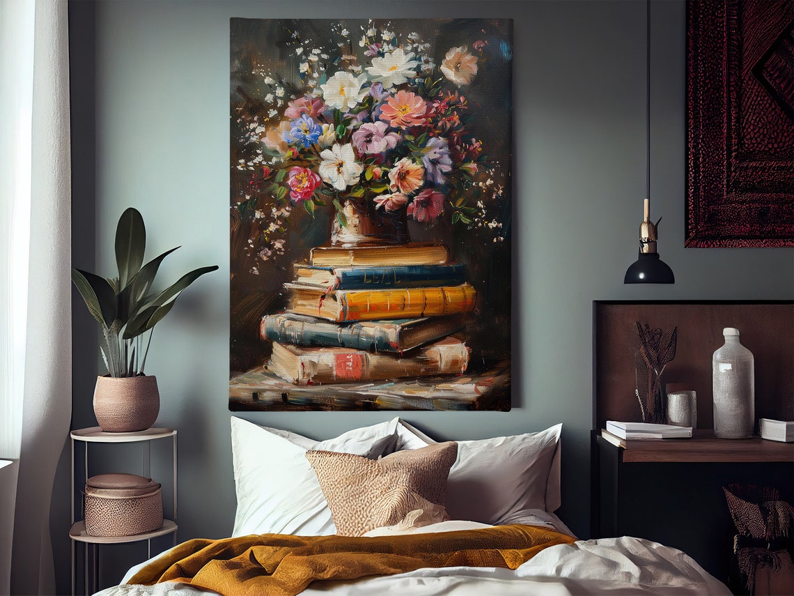 Vintage Flowers Vase And Books Oil Painting Flowers Vase Print Cottage Flowers Flowers Poster Flowers Wall Art - Image 2