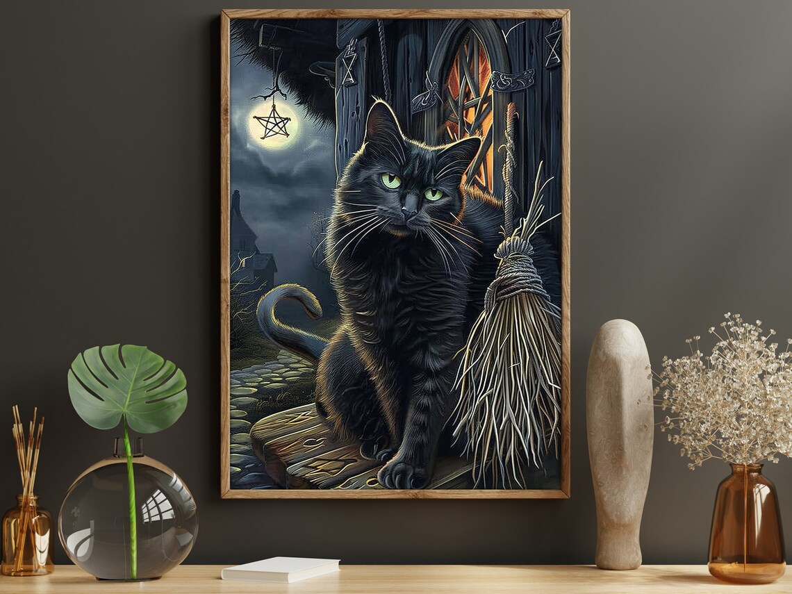 Black Cat Witch Halloween Painting Haunted House Broom Moon Gothic Poster - Image 4