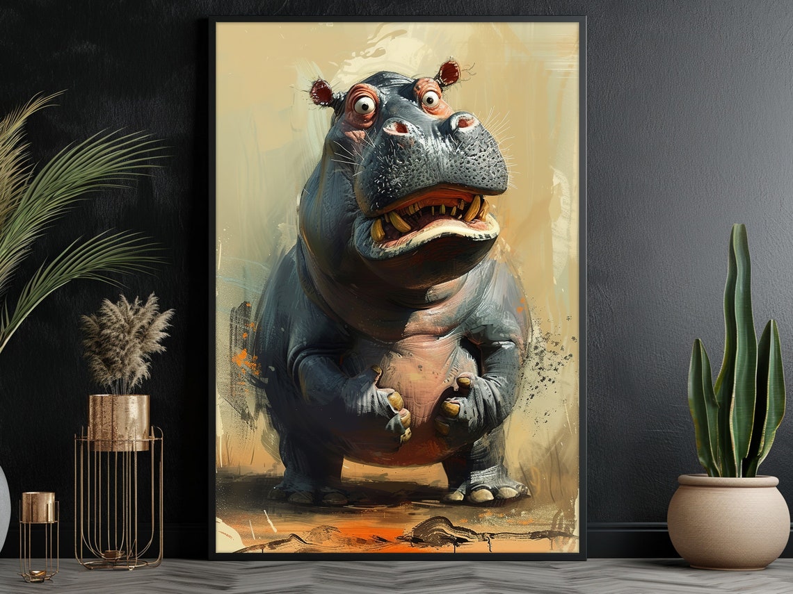 Funny Cartoon Hippo Standing Grinning Playful Wildlife Art Poster - Image 5