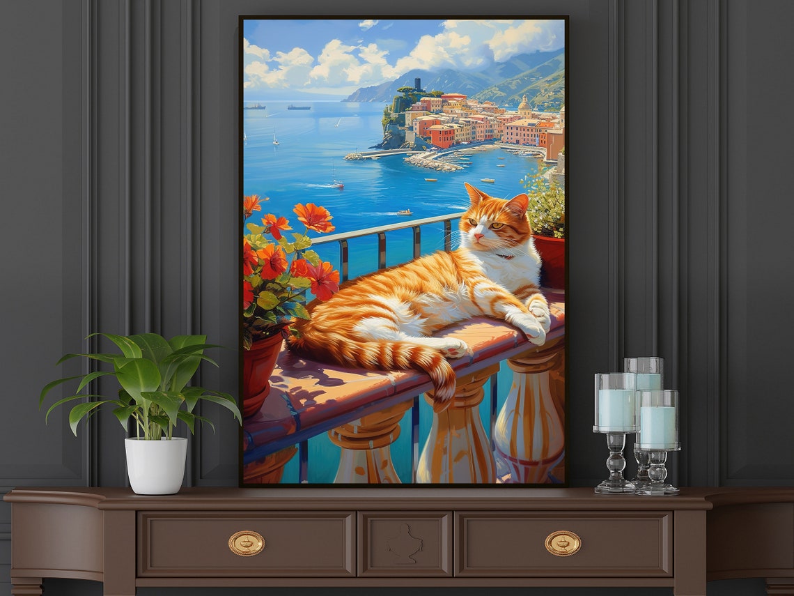Orange Cat Sunbathing On Coastal Balcony Mediterranean Town Art Poster - Image 4