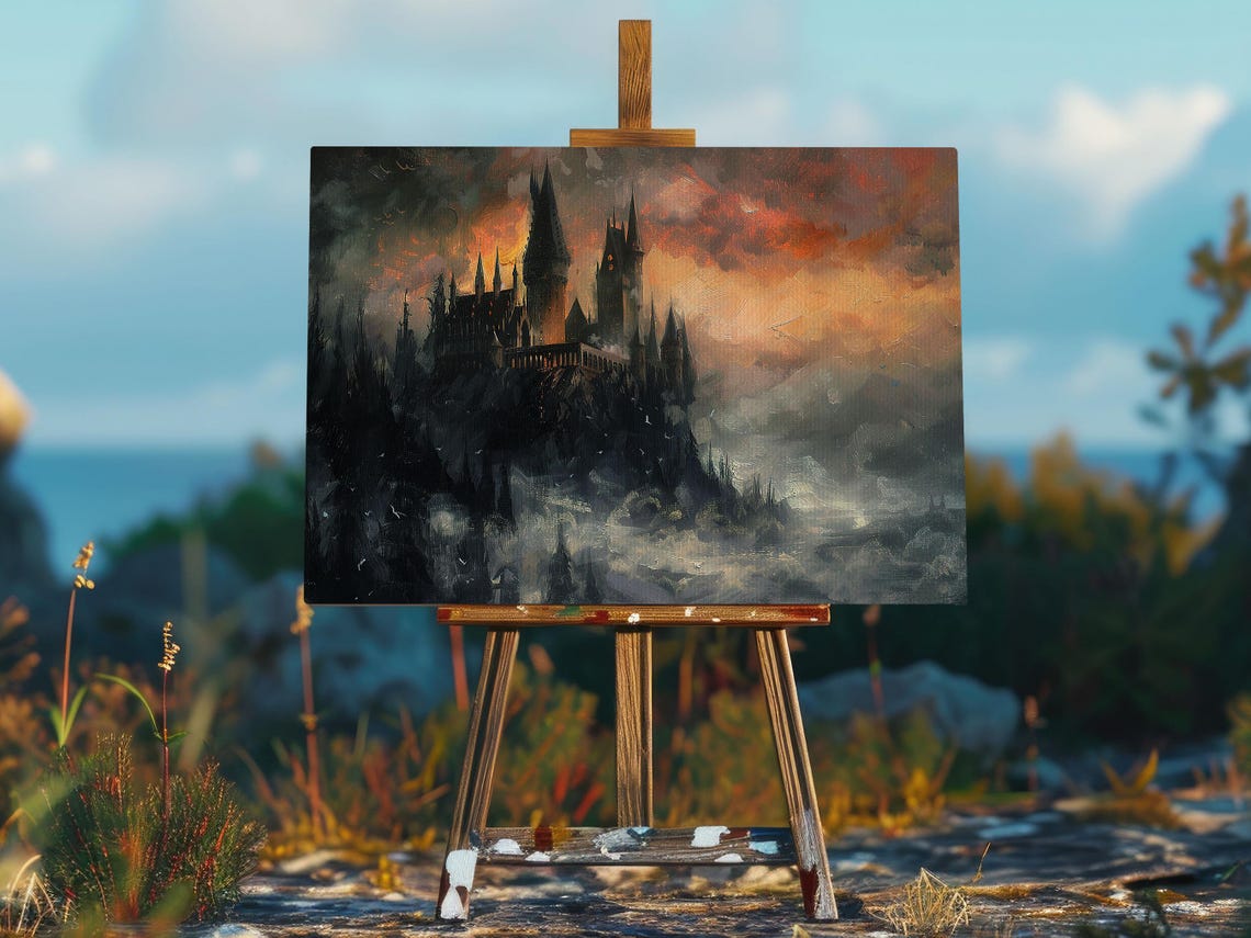 Dark Gothic Castle on Hill Under Fiery Sunset Sky Halloween Art Poster - Image 2