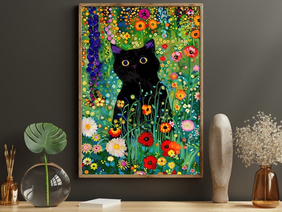 Matisse Black Cat in Flowers, Vintage Cat Art Print
