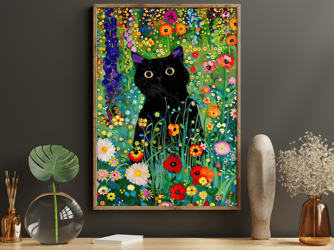 Matisse Black Cat in Flowers, Vintage Cat Art Print
