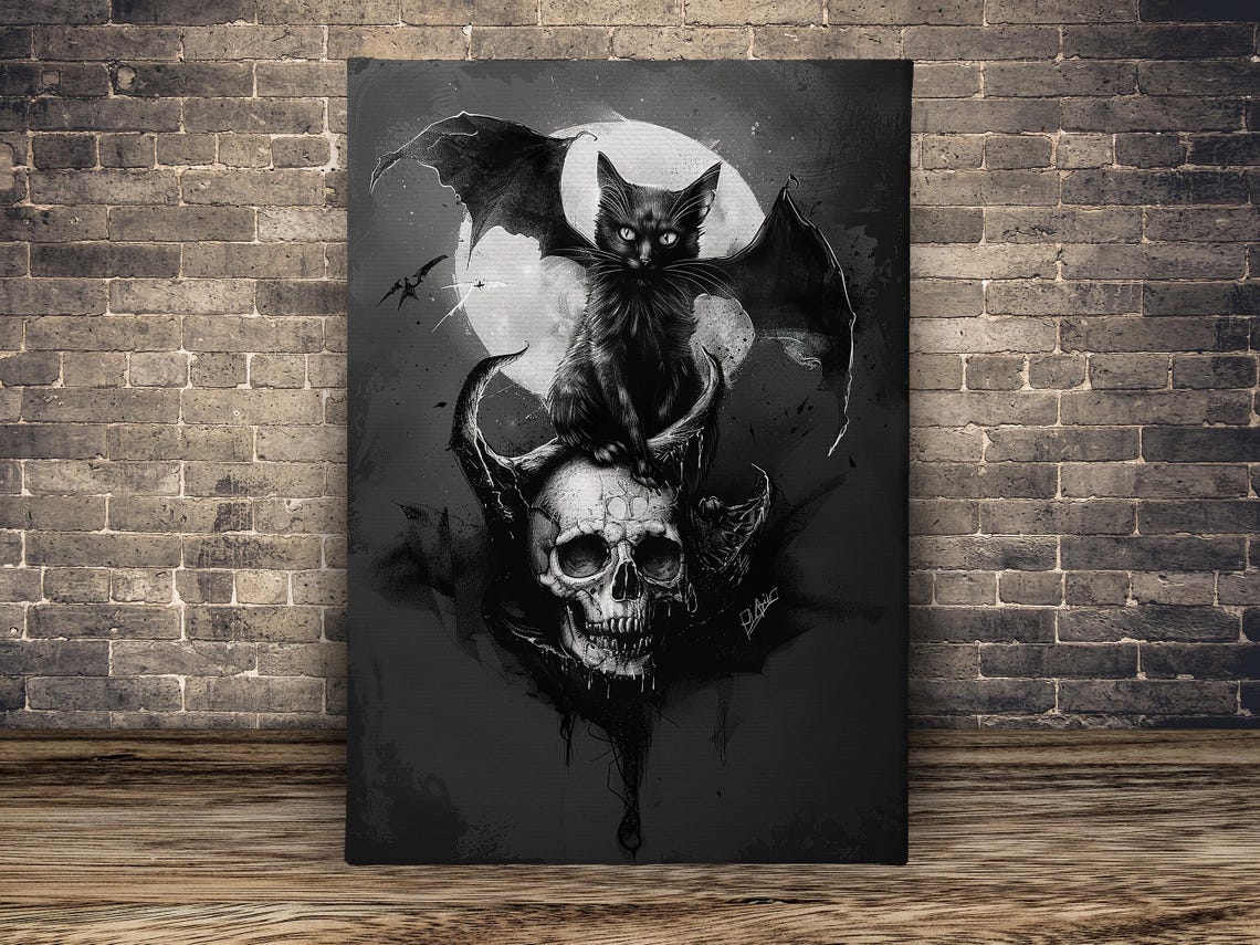 Gothic Black Cat with Bat Wings on Skull Under Full Moon Art Poster - Image 2