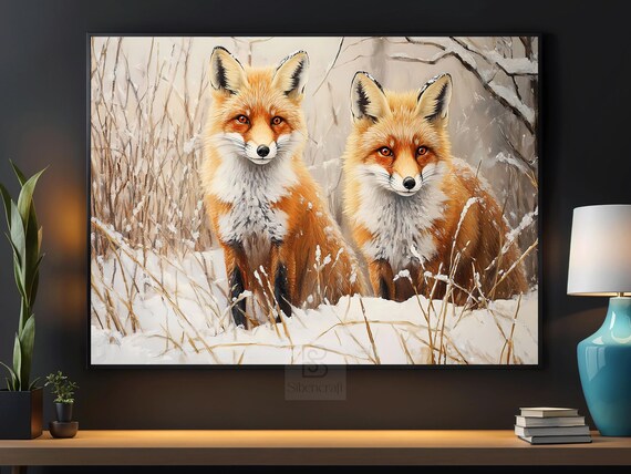 Two Red Foxes Standing In Snowy Winter Grass Wildlife Pair Painting Wall Art