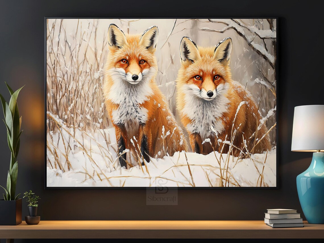 Two Red Foxes Standing In Snowy Winter Grass Wildlife Pair Painting Wall Art