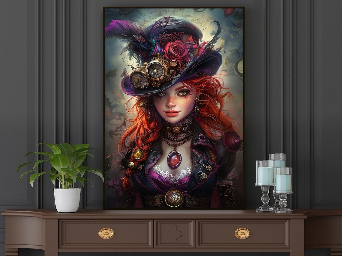 Steampunk Woman In Feathered Top Hat With Goggles Fantasy Art Poster - Image 5