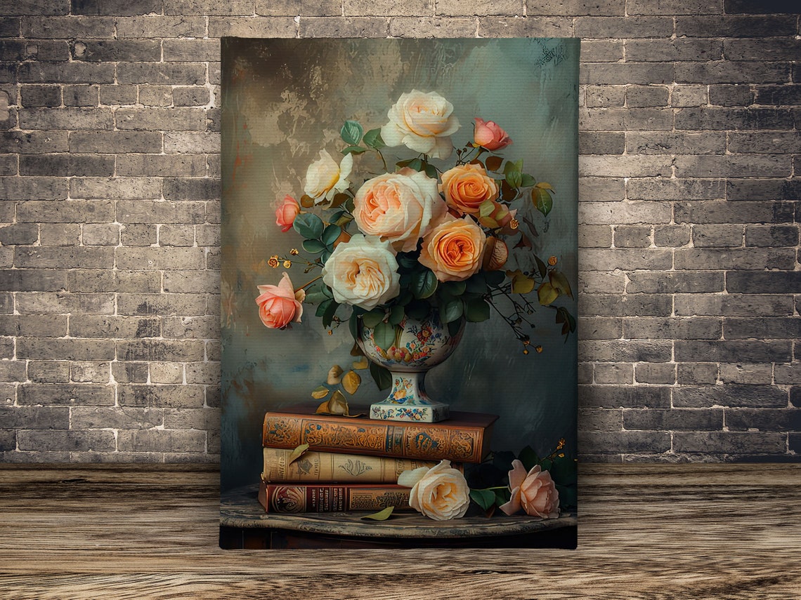 Vintage Flowers Vase And Books Painting Flowers Vase Print Cottage Flowers Flowers Poster Flowers Wall Art - Image 2