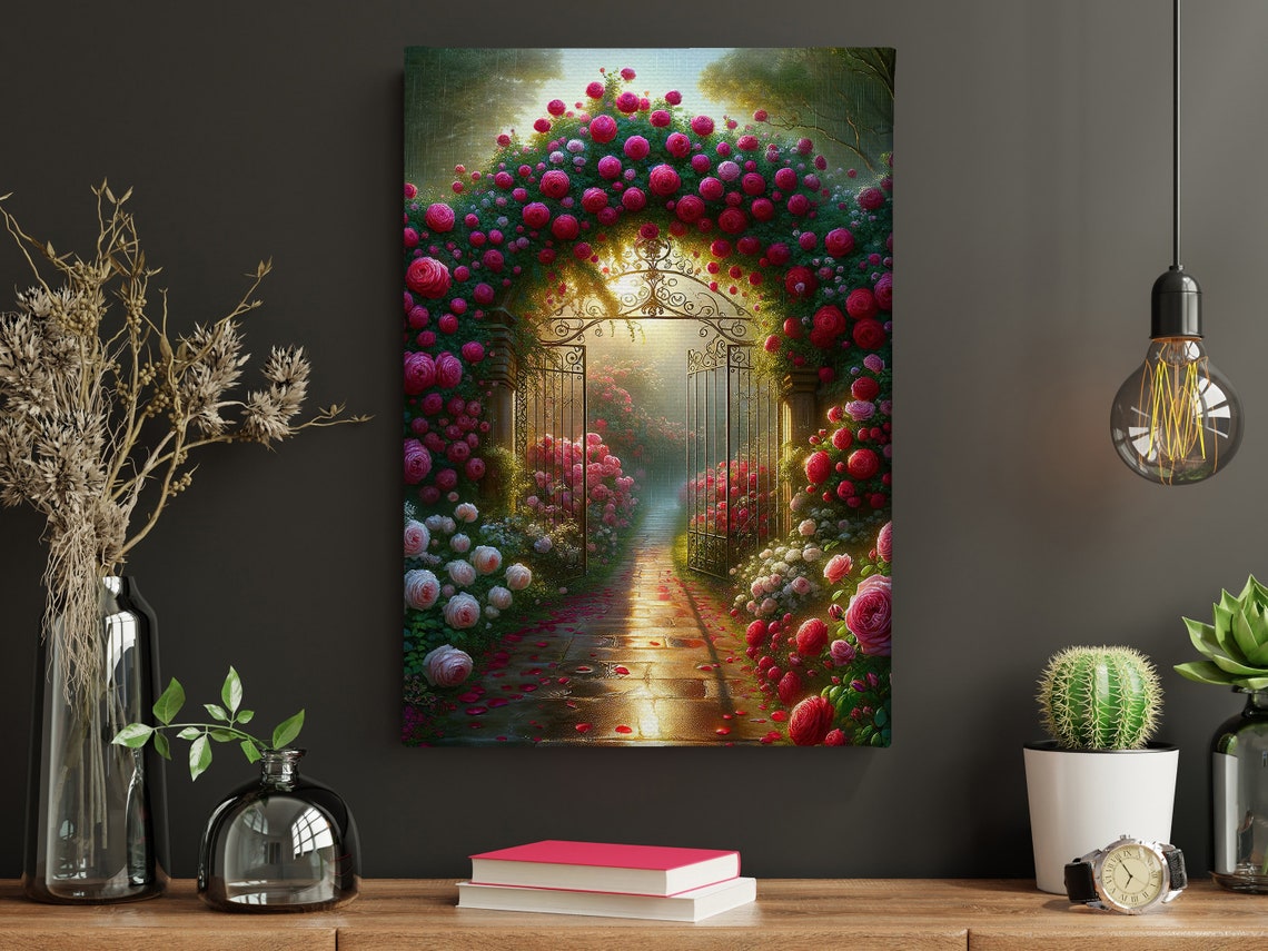 Rose Covered Garden Gate Arch Glowing Path Romantic Floral Art Poster - Image 4