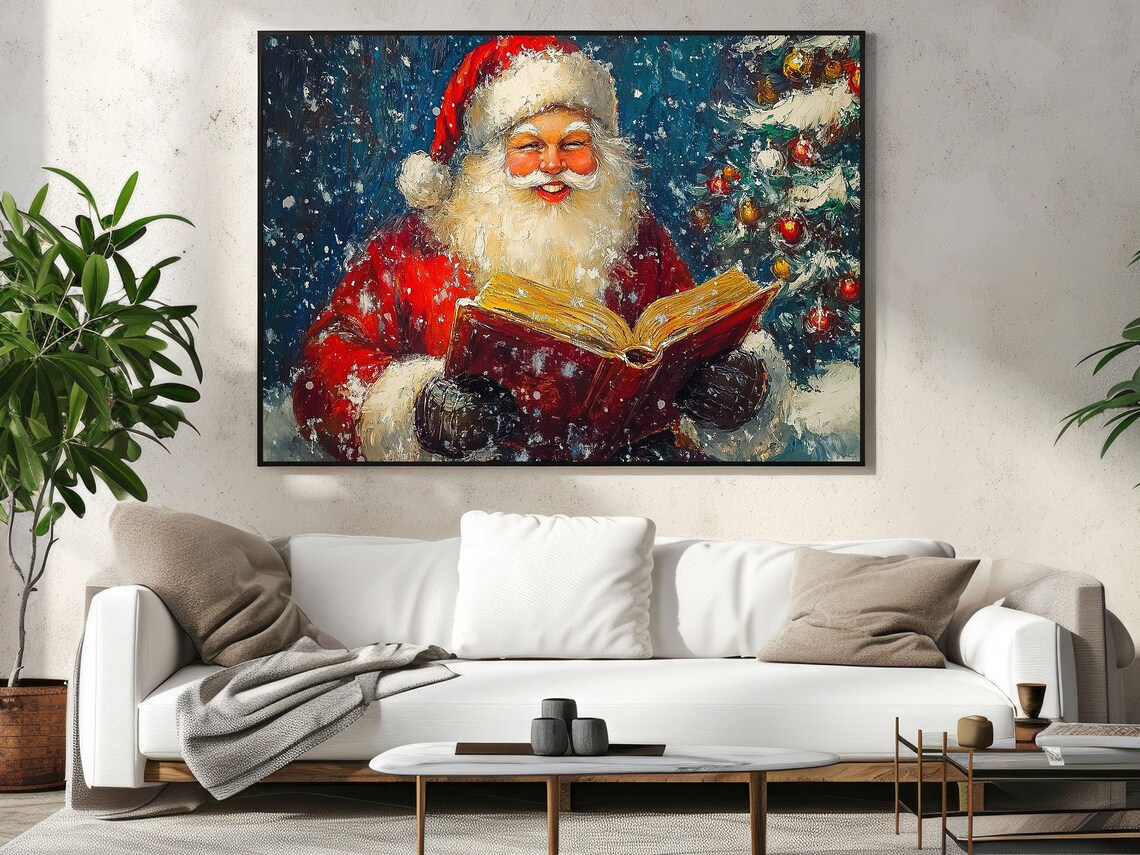 Laughing Santa Claus Holding Open Book Snowy Christmas Tree Vintage Art Poster - Image 3
