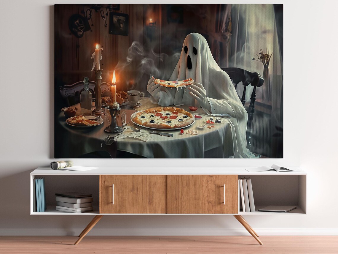 Ghost Eating Pizza By Candlelight Funny Spooky Halloween Art Poster - Image 5