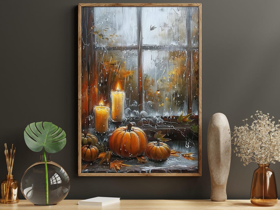 Cozy Pumpkins and Lit Candles on Rainy Autumn Window Sill Art Poster - Image 6