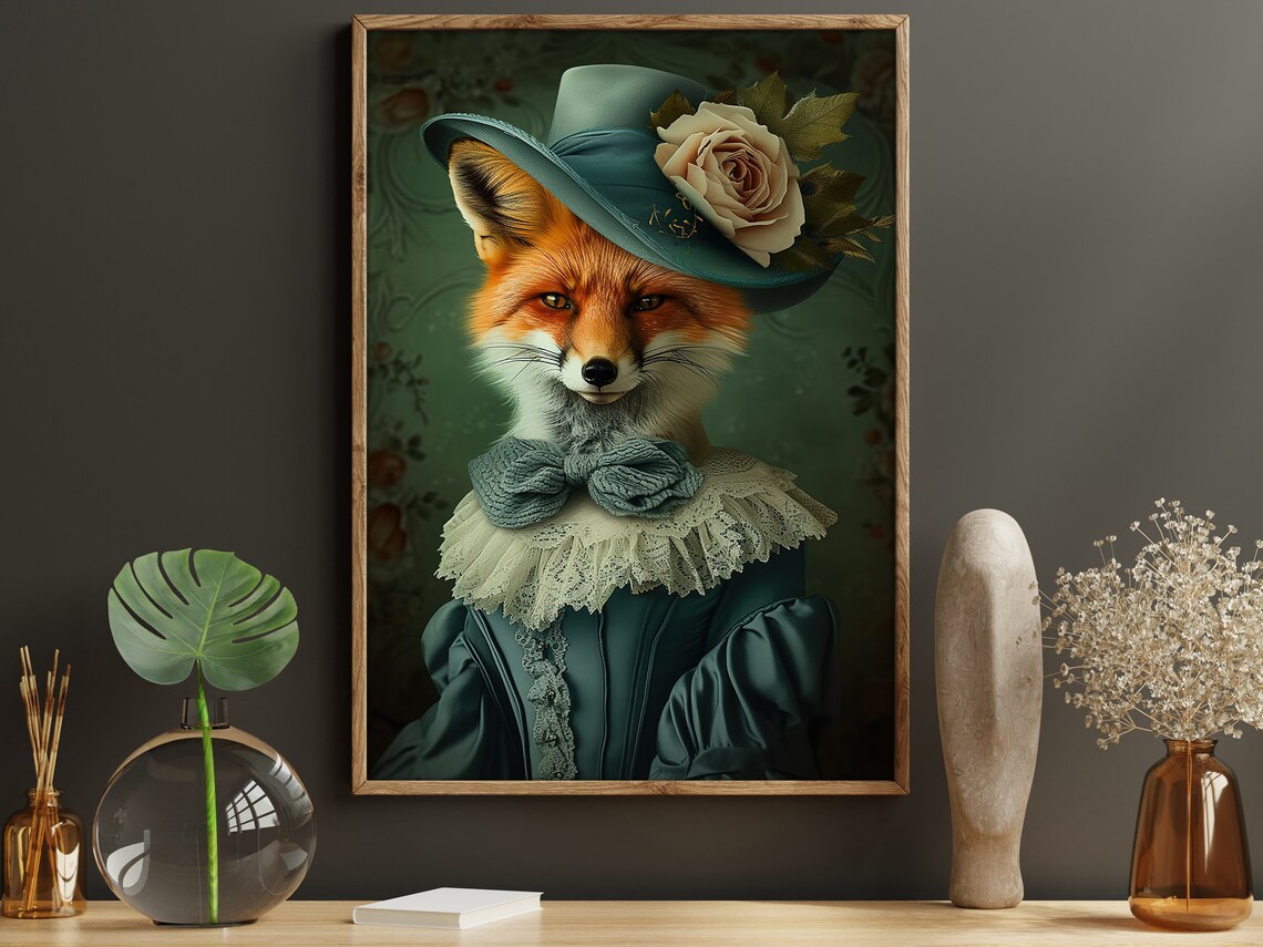 Fox Lady In Teal Victorian Gown Hat With Rose Gothic Portrait Wall Poster - Image 4