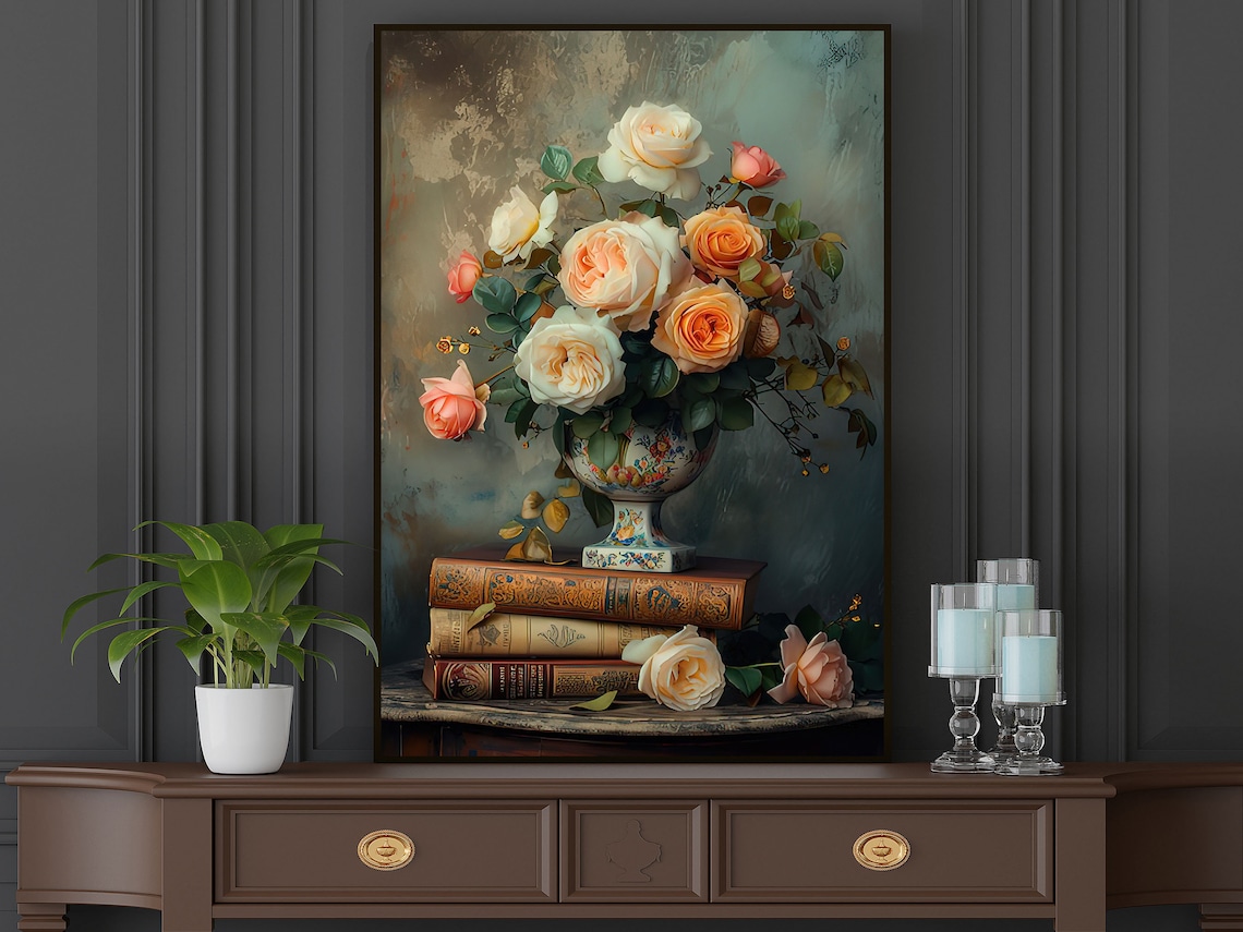 Cream Roses Porcelain Urn Vintage Books Moody Floral Still Life Poster - Image 5