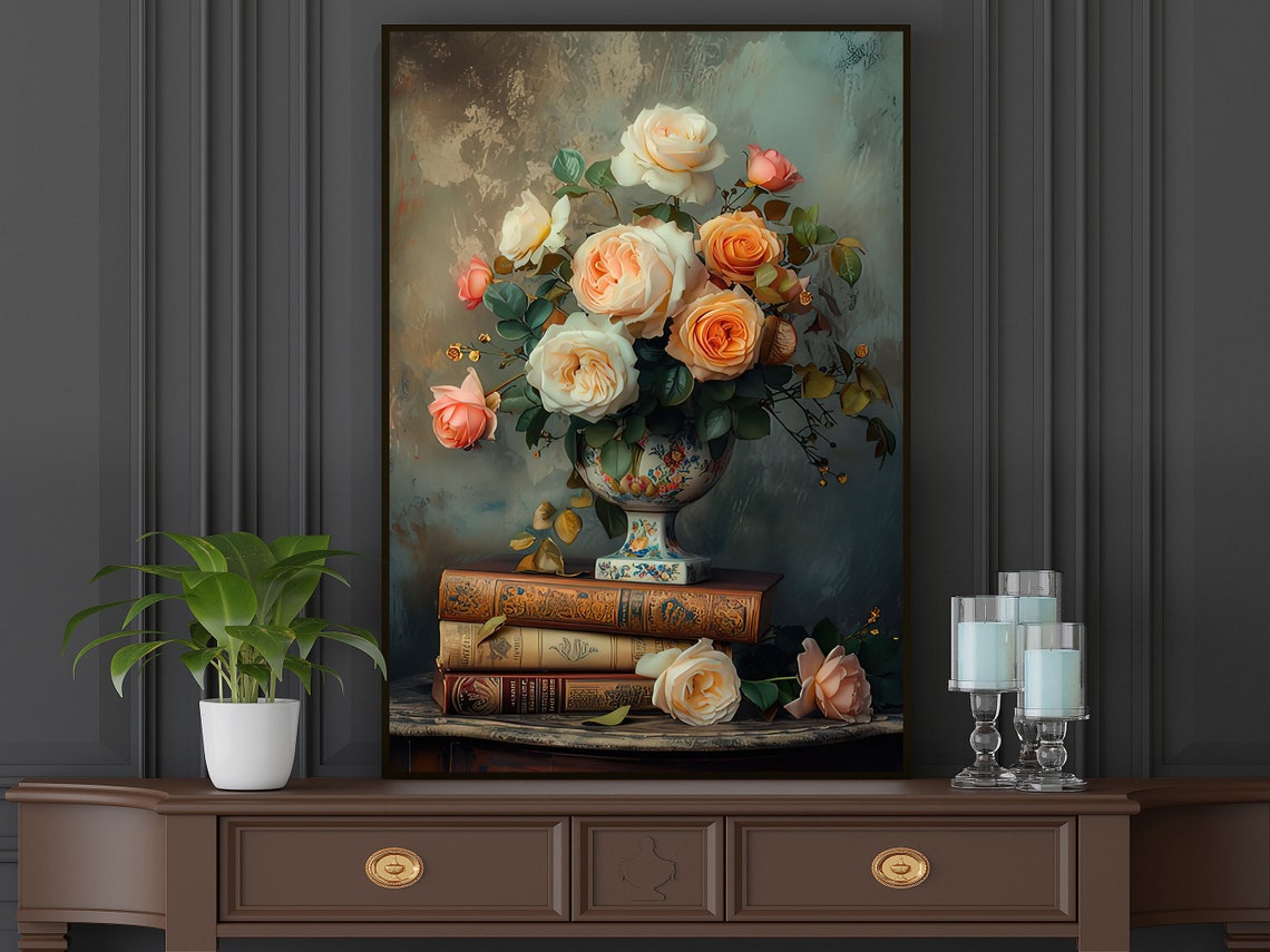 Vintage Flowers Vase And Books Painting Flowers Vase Print Cottage Flowers Flowers Poster Flowers Wall Art - Image 5