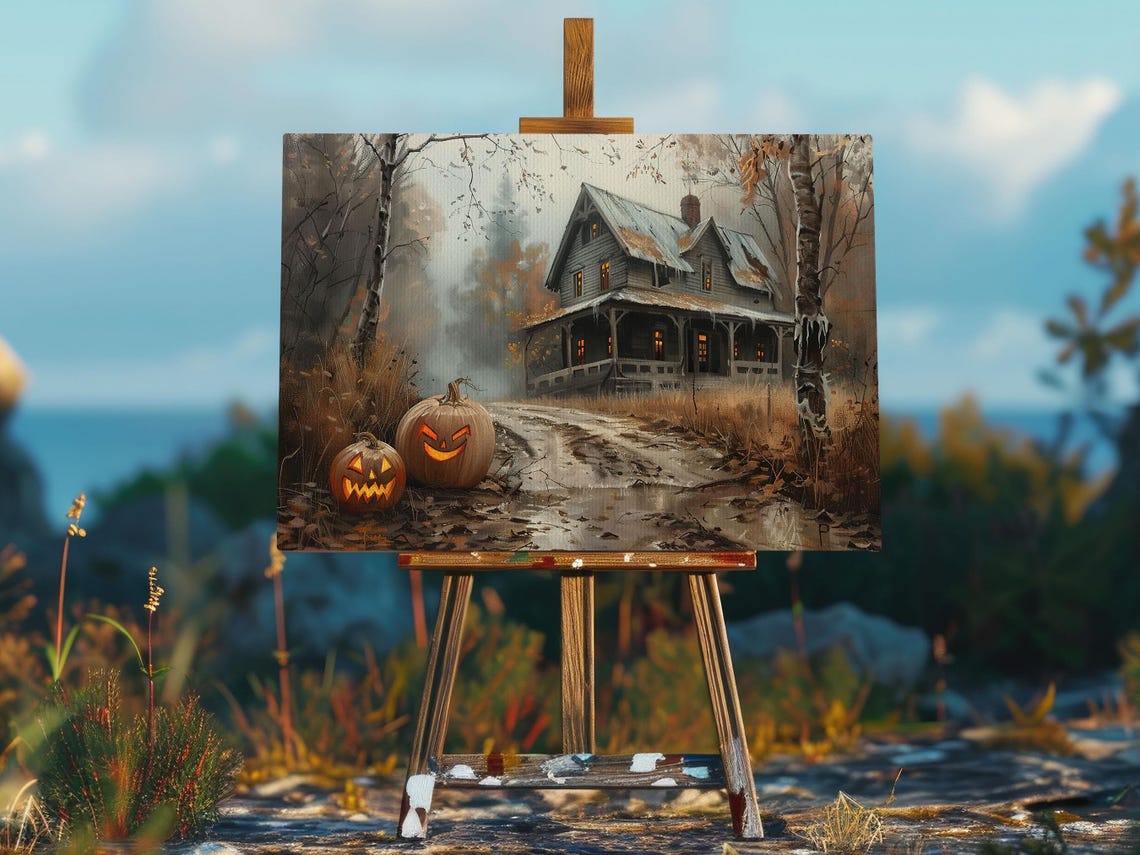 Haunted Old Farmhouse with Glowing Jack O Lanterns on Dirt Road Poster - Image 2