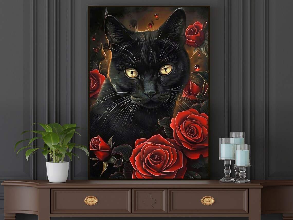 Black Cat Red Roses Gothic Floral Portrait Dramatic Animal Art Wall Poster - Image 5