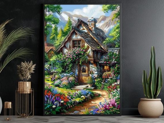 Vintage Country House Oil Painting Dreamy House Art Print Castle Print Flowers Wall Art
