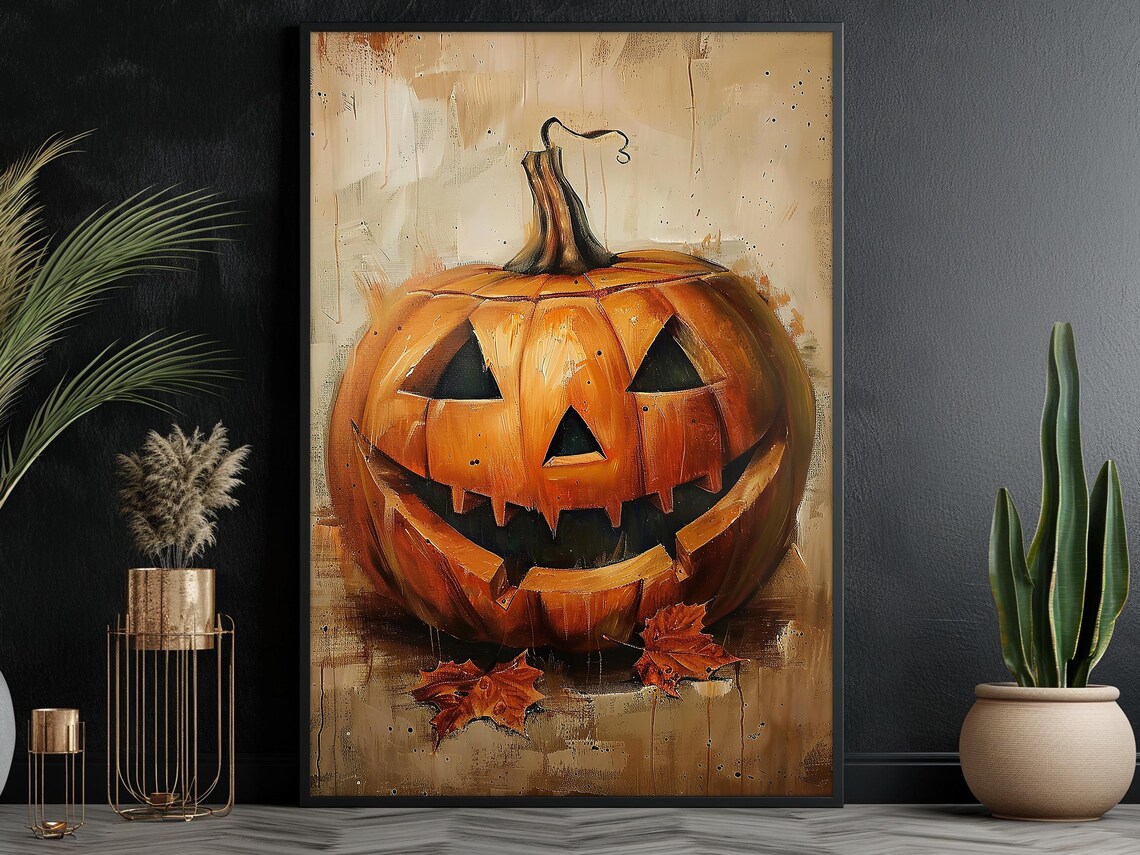 Vintage Grinning Jack O Lantern Pumpkin Painting Autumn Leaves Poster